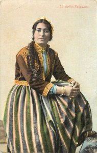 Postcard Gypsy Woman La Belle Tzigane in Embroidered Costume, Striped Skirt