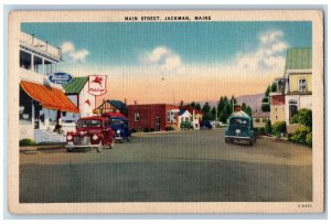 1946 Main Street Town Stores Classic Car Building Jackman Maine Vintage Postcard