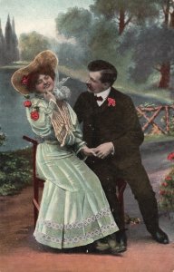 Vintage Postcard 1910's Happy Woman Wearing Long Dress w/ Hat & Gentleman Art