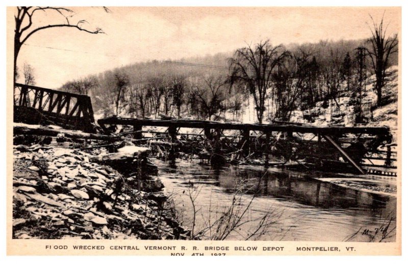 Vermont Montpelier Nov 4th 1927  Flood,  Wrecked Railroad Bridge Below depot