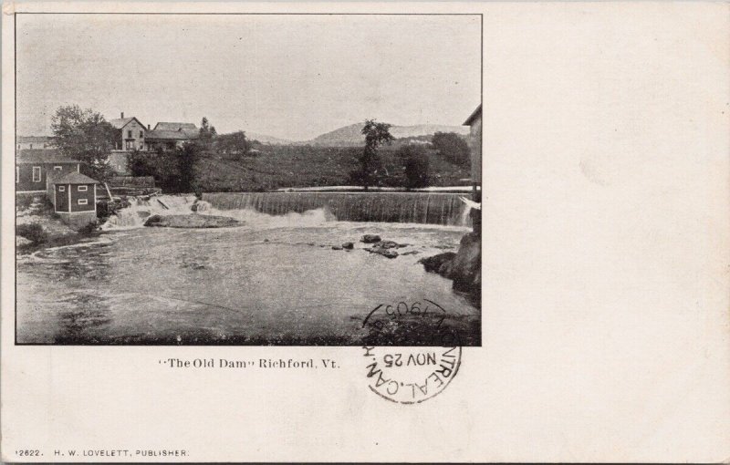 Richford Vermont The Old Dam VT c1905 Richfort Cancel Lovelett Postcard H61