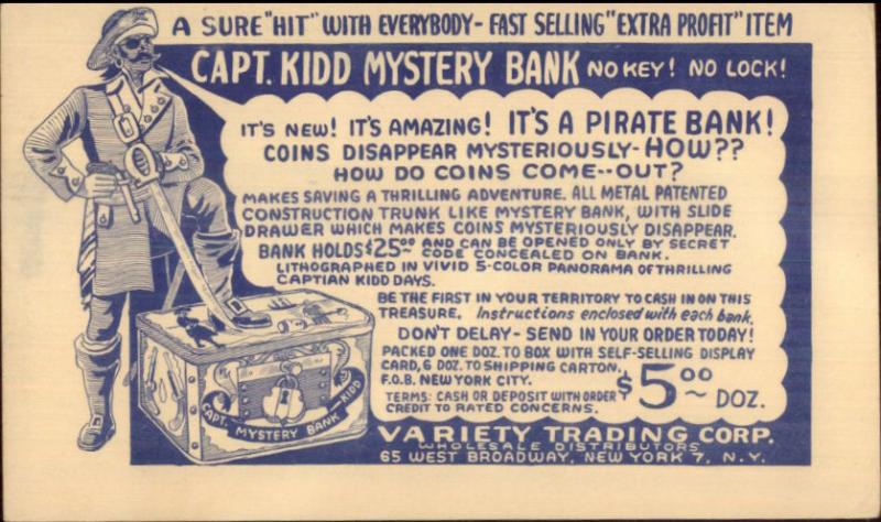 Captain Kidd Mystery Bank Illustrated Advert Postal Card 1940s Toys myn