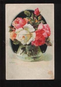 3054005 White & Pink ROSES in VASE by C. KLEIN vintage EASTER