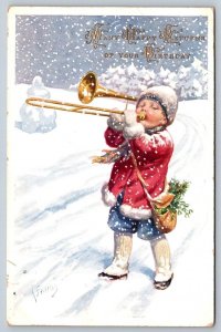 Many Happy Returns Of Your Birthday, Boy Trombone Art Postcard Signed K Feiertag