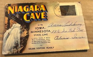 USED LINEN PC SOUVENIR FOLDER  - NIAGARA CAVE, IOWA-MINN. STATE LINE - STAMP CUT