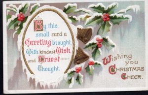 Wishing you Christmas Cheer with Snow Covered Holly Bells Embossed - pm1912 - DB
