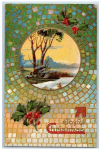 Swan River MN Postcard Christmas Mosaic Holly Berries Winter Scene Embossed 1911