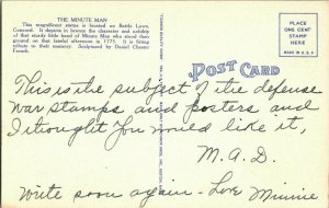 Minute Man Concord Mass Statue Vintage Linen Postcard Battle Lawn Postcard WOB 