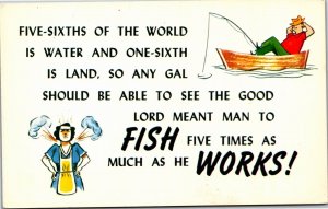 Postcard comic The Good Lord Meant man to fish five times as much as he works