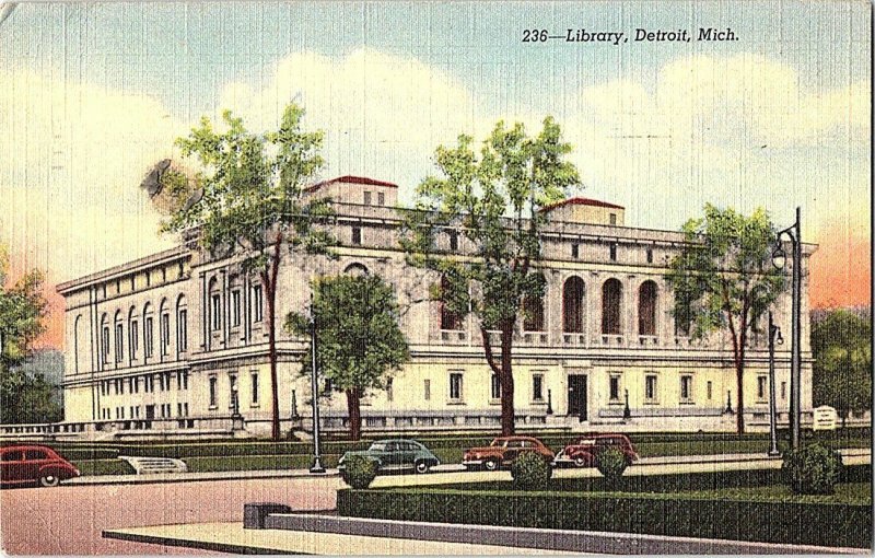 Library Detroit Mich. Michigan Vintage Postcard Standard View Card Old Cars 