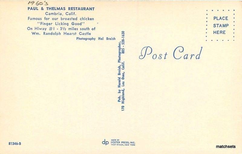1960s Paul Thelma's Restaurant Cambria California Breish autos postcard 3032