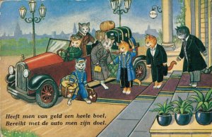 Cats Dressed Like Humans Traveling With Car Vintage Postcard Kittens 06.30