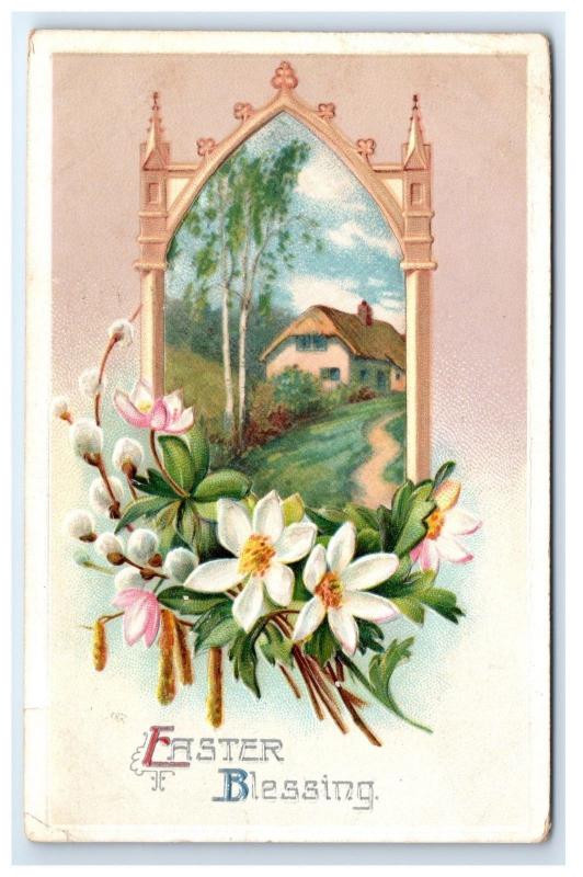 Postcard Easter Blessing embossed flowers farmhouse window lilies 1914 D30 