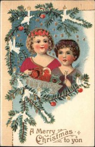 Christmas Little Girl Angels Real Silk Clothing c1910 Vintage Postcard