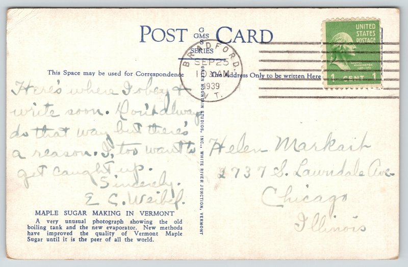 Linen~Maple Sugar Making in Vermont~Boiling Tank~Evaporator~Barrels~Postcard