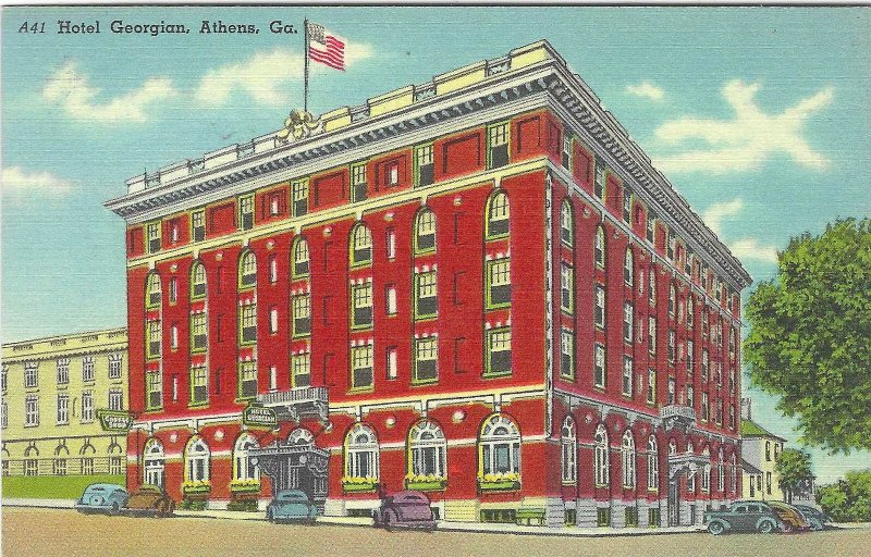 1940's Hotel Georgian, Athens, Georgia Cars Auto Building Linen Postcard