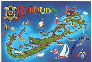VINTAGE CONTINENTAL POSTCARD A HUGE FISH HOOK SHAPE MAP OF BERMUDA MAILED 1984