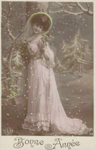 Victorian Style Happy New Year Woman in her dress in the Snow 06.24