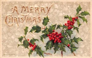 Christmas  A Merry Christmas Holly Berries,  Winsch, Embossed Vintage PC U4814