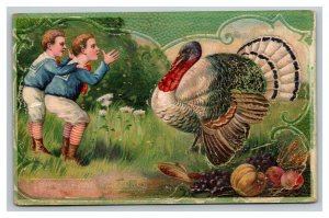 Vintage 1900's Thanksgiving Postcard Two Boys Large Turkey Embossed