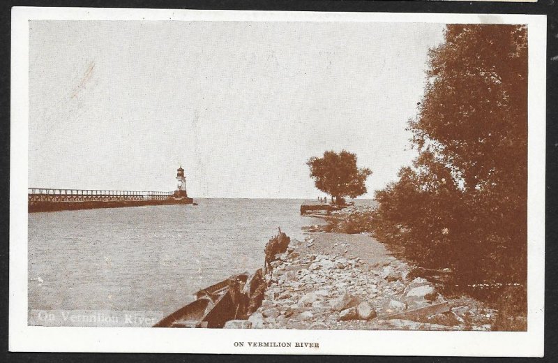 Pier & Lighthouse On Vermilion River Ohio Unused c1920s