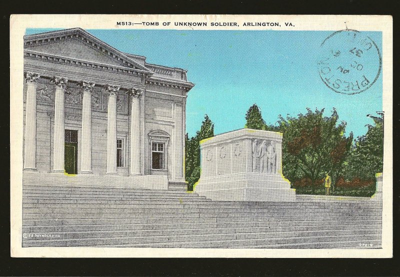 USA Postmark 1937 Washington DC Tomb of Unknown Soldier Arlington Linen Postcard