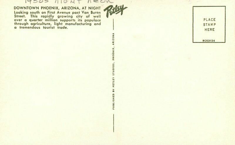Phoenix Arizona Night Neon Downtown Petley automobiles Postcard 21-12941