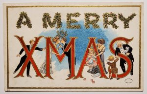 Christmas Greeting XMAS Large Letter With People Celebrating Postcard U26