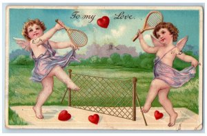 1911 Valentine Angel Playing Tennis Hearts Embossed South Norwalk CT Postcard 