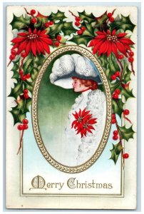 1916 Christmas Woman Widow Hat Berries Poinsettia Flowers Embossed Postcard