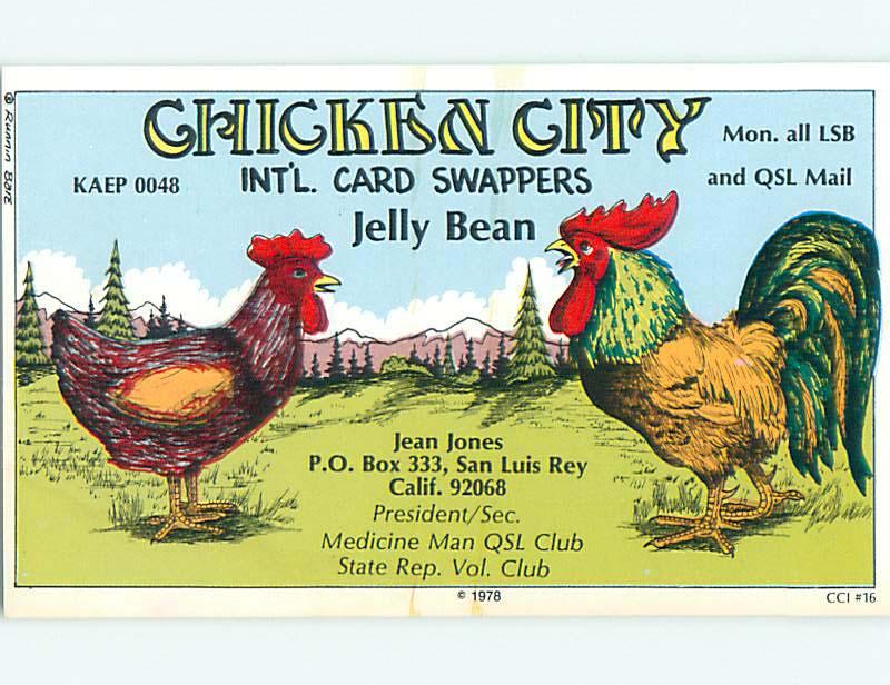 rooster CHICKEN - QSL HAM RADIO CARD San Luis Rey California CA t1001