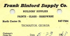 1968 FRANK BINFORD SUPPLY CO THOMASTON GEORGIA INVOICE BILLHEAD Z826