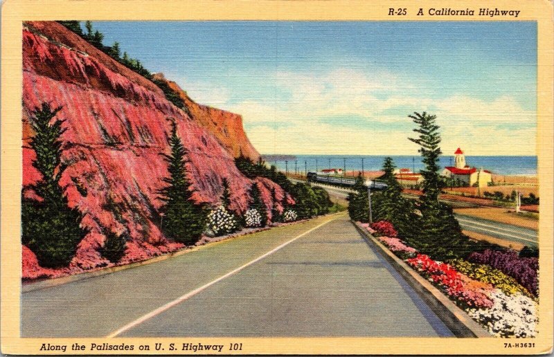 Vtg CA California Highway Along The Palisades on US Highway 101 1930s Postcard