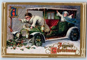 Christmas Postcard Children Riding Car Holly Berries Winter Scene Embossed