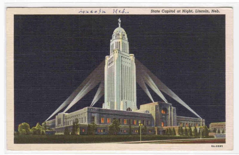 State Capitol at Night Lincoln Nebraska 1943 postcard