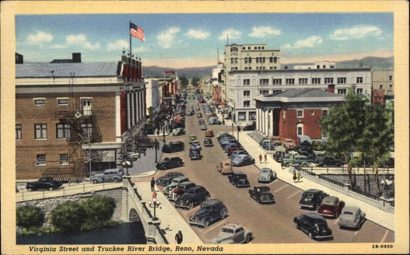 Reno NV Virginia St. Birdseye View Linen Postcard