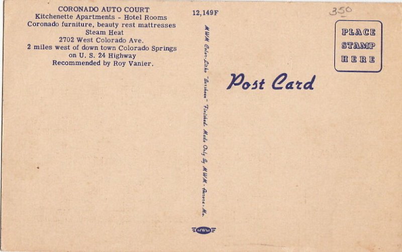 Postcard Coronado Auto Court Kitchenette Apartments Colorado Springs CO