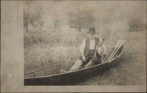 Man & Dog in Canoe on Land Pitbull Terrier Breed Long Ears Cleveland OH RPPC