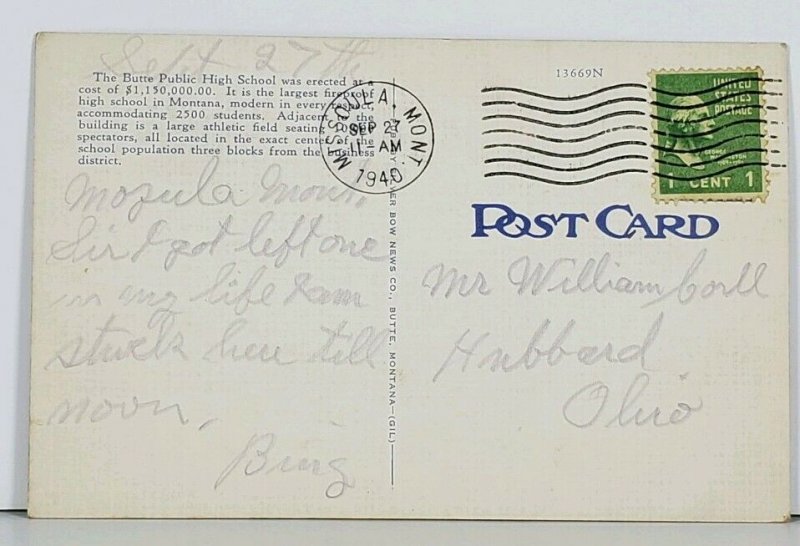 Butte Montana High School and Stadium Split View Postcard K7