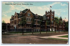 Zanesville Ohio OH Postcard Zanesville High School Building Roadside View c1910