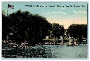 1916 Bathing Beach Moore's Lakeside Brown's Lake Burlington Wisconsin Postcard