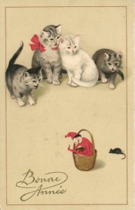 PC CATS, BONNE ANNÉE, CATS AND A MOUSE, Vintage Postcard (b47113)