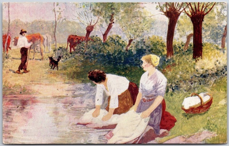 1913 Ladies Washing Clothes Down The River Old Laundry Belgium Posted Postcard