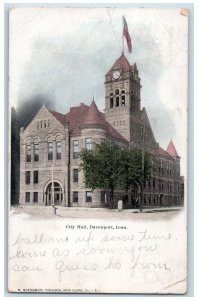 1914 City Hall Building Entrance Street Clock Tower Davenport Iowa IA Postcard