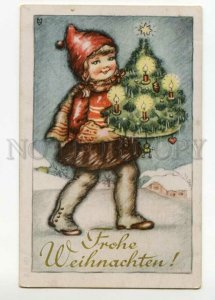 488075 CHRISTMAS Girl w/ Xmas TREE by MA Vintage postcard Bernhard Sporn