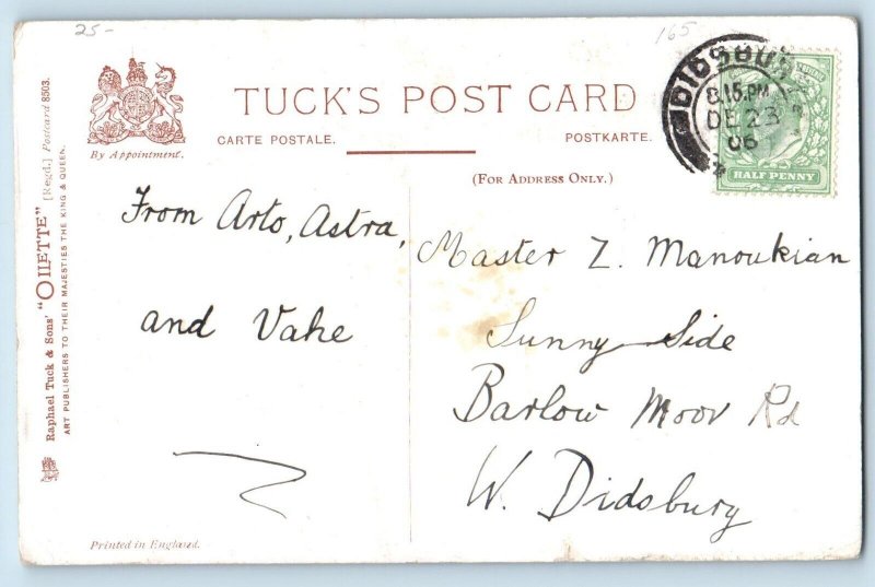 Christmas Postcard Greetings Snowman Children Playing Snowball Oilette Tuck