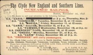 Clyde New England & Southern Steamships INCREASED SAILINGS 1898 Postal Card