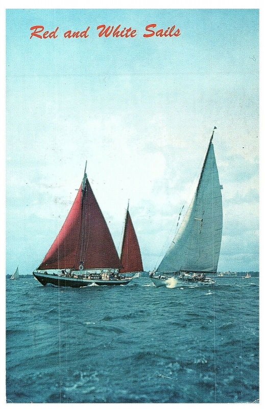 Red and White Sails Blue Horizon Postcard Ontario Canada Posted 1965