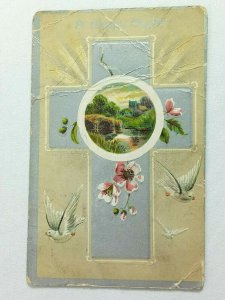 Vintage Postcard 1912 A Happy Easter Greetings Cross Flowers Holiday