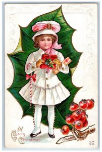 c1910's Christmas Pretty Girl Candy Cane Berries Holly Leaf Embossed Postcard